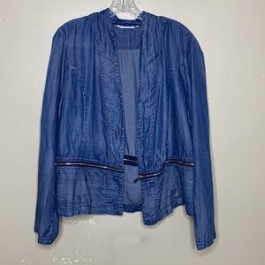 GIVEN KALE Blazer Blue Chambray Tencel Zipper Peplum Open Front Lightweight Lg